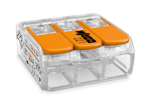 COMPACT Verbindungsdosenklemme 3-polig mit Hebeln, max. 4 mm², transparent