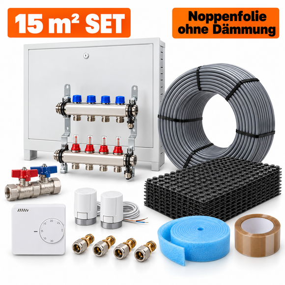 Fußbodenheizungsset 15 m² Komplettset mit Noppenfolie, Verteiler & Regelung