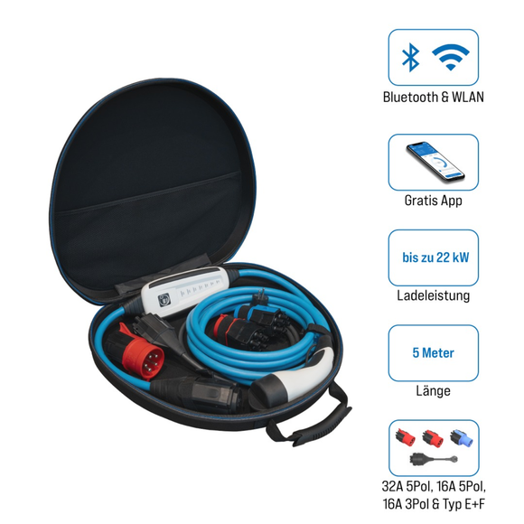 Mobile Ladestation 22kW Typ2, 5m, WLAN+BT, 32A 5p, 16A 5p, 16A 3p, Schuko