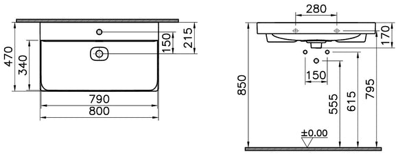 Waschtisch Aura 80 × 47 cm Weiß mit Clean Beschichtung und Push-to-Close-Ventil
