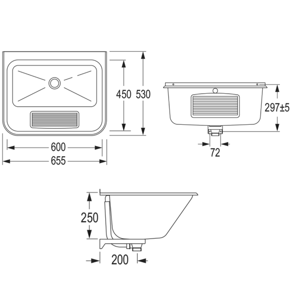 Varia Waschtrog Edelst. Matt 65,5x53x25cm, m. Überlauf u. Befest.m.