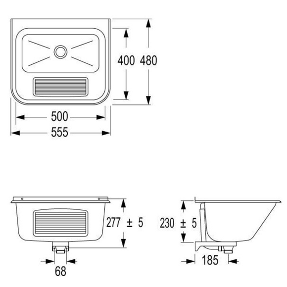 Varia Waschtrog Edelst. Matt 55,5x48x23cm, m. Überlauf u. Befest.m.