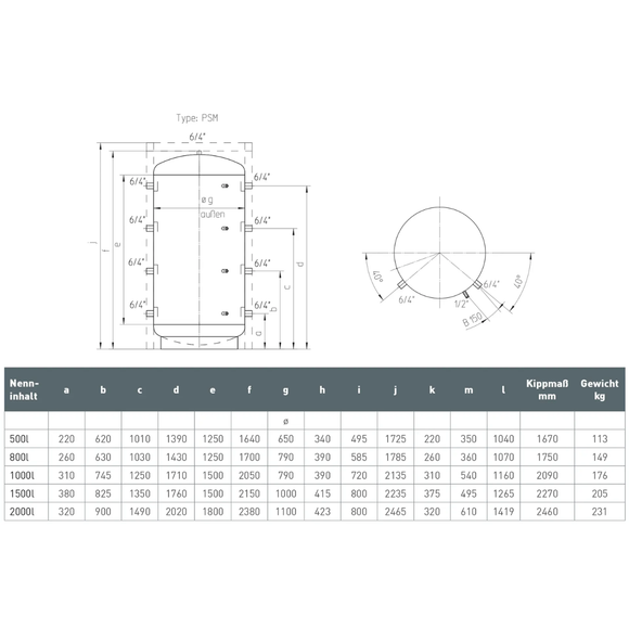 Premium Pufferspeicher PSM 500 L (Muffe), ohne Isolierung