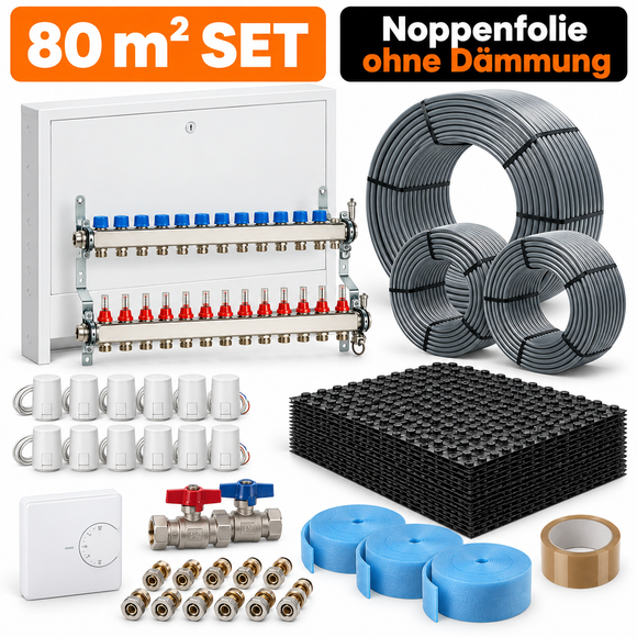 Fußbodenheizungsset 80 m² Komplettset mit Noppenfolie, Verteiler & Raumregelung