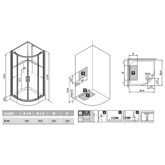 Forta – Komplettdusche Runddusche 90 × 90 cm mit Thermostat und ESG Clean, Weiß – 1 Stück