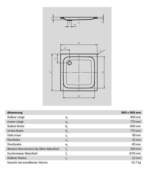 Forta – Stahlemail Brausetasse 90 × 90 cm, schweres Modell, Weiß – 1 Stück