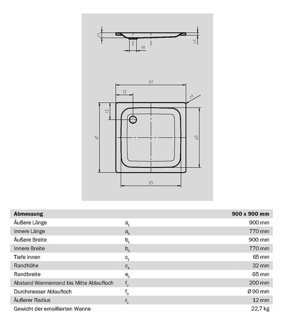 Forta – Stahlemail Brausetasse 90 × 90 cm, schweres Modell, Weiß – 1 Stück
