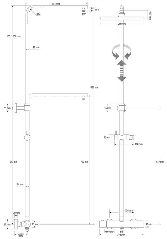 Spa Duschsystem 123,7 cm mit Thermostat, Schwarz Matt – 1 Stück