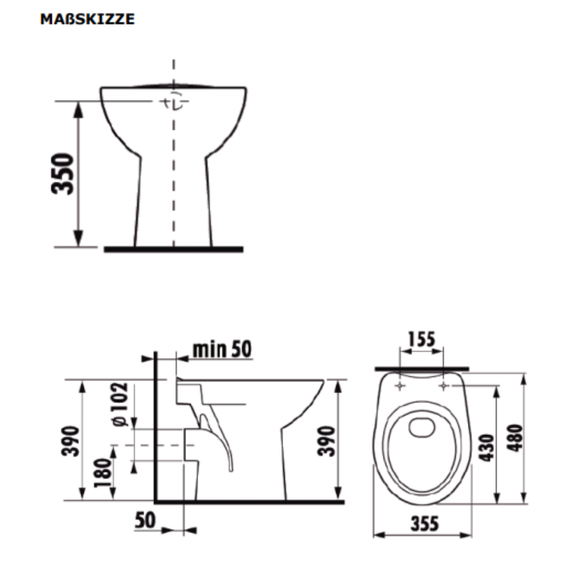 Una Stand-WC Tiefspüler mit waagrechtem Abgang, Weiß | ohne WC-Sitz