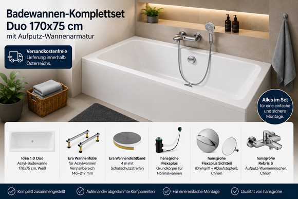 Badewannen-Komplettset mit Aufputz-Wannenarmatur + Handbrause | Duo 170 × 75 cm Acryl weiß (ohne Wannenschürze)