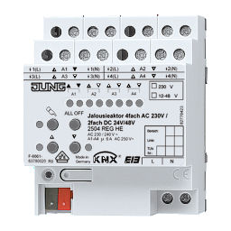 KNX-Jalousieaktor 4fach AC 110–230 V / 2fach DC 12–48 V REG 4 TE JUNG