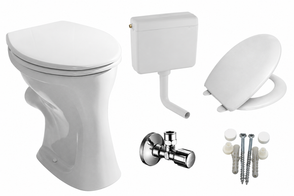 WC-Komplettset Flachspüler mit Spülkasten & WC-Sitz | Stand-WC Weiß | Abgang waagrecht | 5-teilig