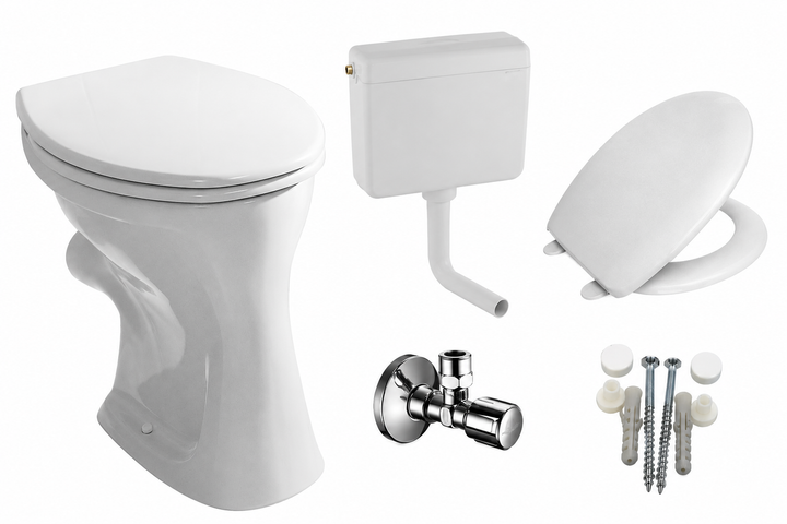 WC-Komplettset Flachspüler mit Spülkasten & WC-Sitz | Stand-WC Weiß | Abgang waagrecht | 5-teilig