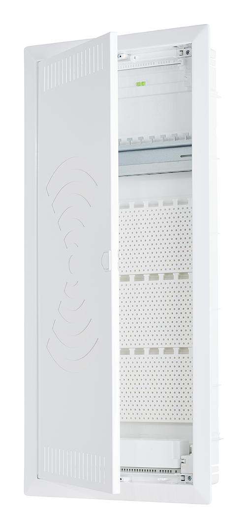 Unterputz-Kommunikationsverteiler 4-reihig mit WLAN-Tür, MPL, Patchfeld und 3-fach-Steckdose