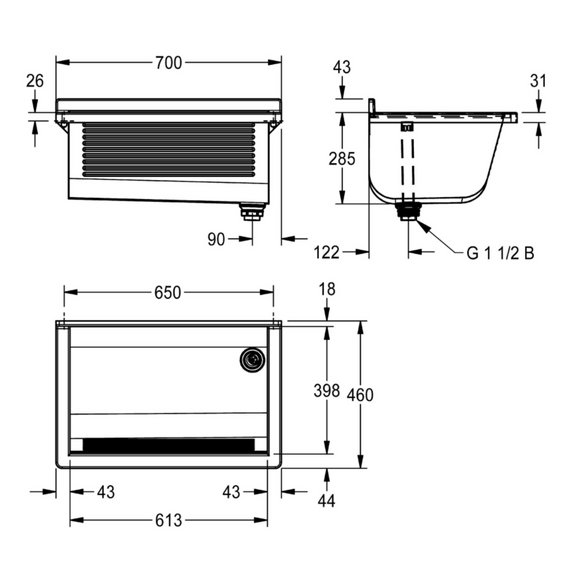Edelstahl Waschtrog  | 700 × 328 × 460 mm | BS312N | Ablauf hinten rechts
